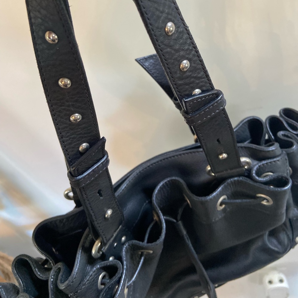 Anne Fontaine Studded Leather Drawstring Black Handbag Purse Rocker Biker BDSM - Picture 2 of 7